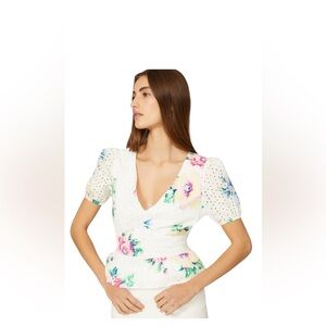 Slate & Willow Floral Eyelet Puff Sleeve Peplum Top White Sz. Small